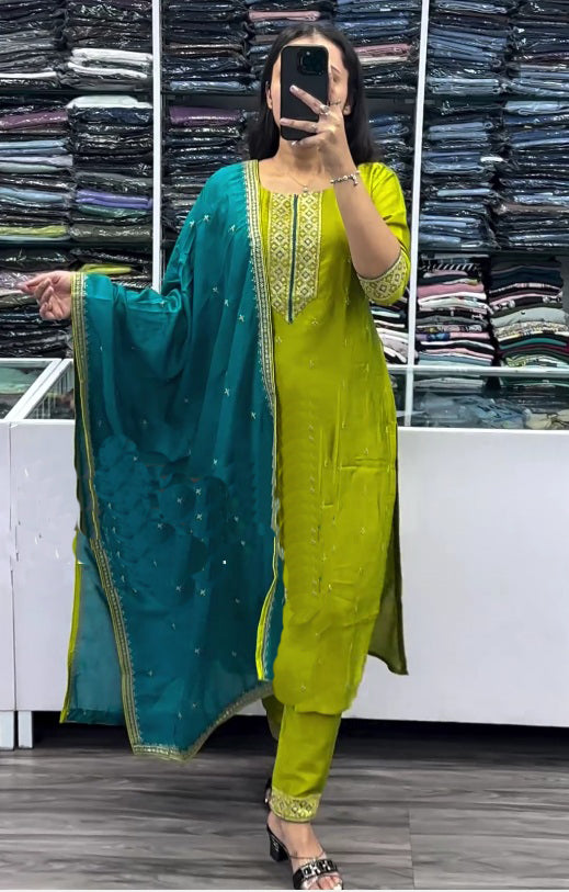 MEHENDI GREEN ZARI WORK STRAIGHT CUT SALWAR SUIT