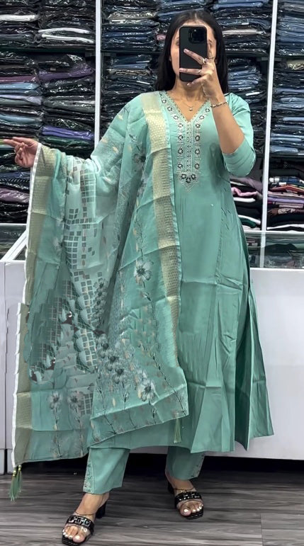 Sea Green Embroidered Silk Blend A-Line Kurta With Trousers & Dupatta