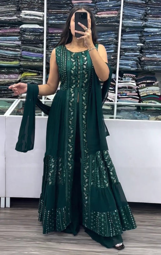 Green Color Party Wear Designer Indo-Western Plazo Suit