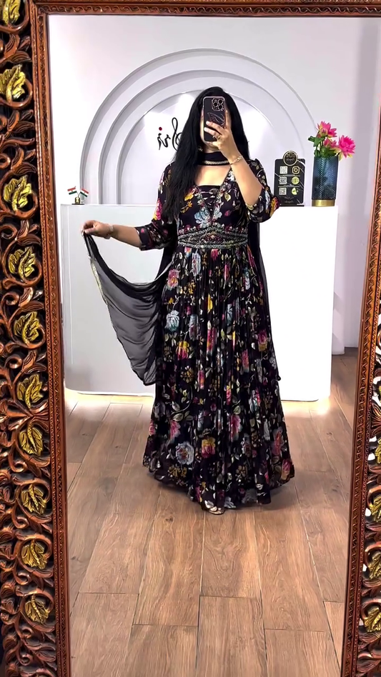 Black Colour Floral Printed Long Anarkali Black Kurta With Dupatta Set