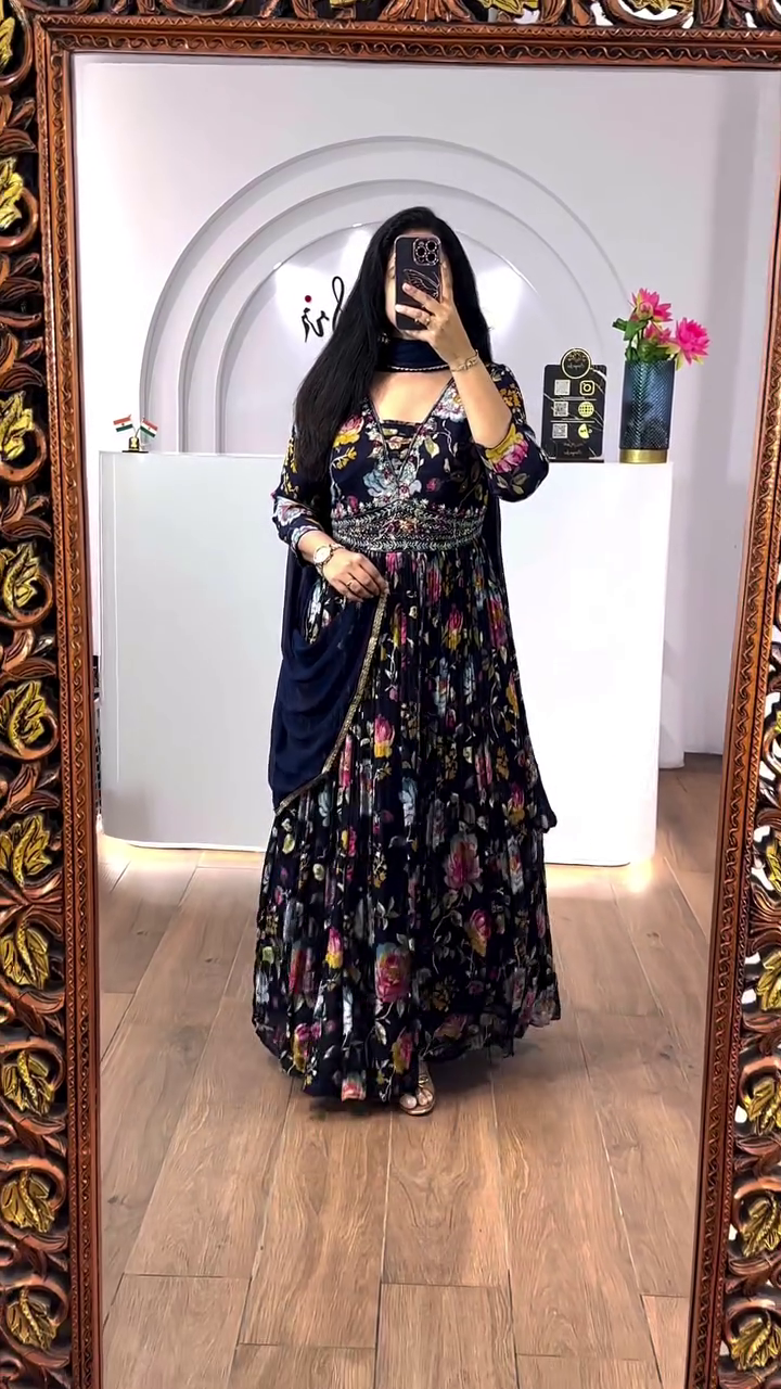 Black Colour Floral Printed Long Anarkali Black Kurta With Dupatta Set