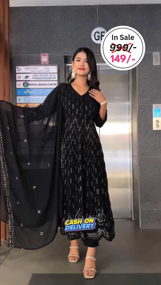 Women Black Colour Embellished Anarkali Kurta Set with Dupatta