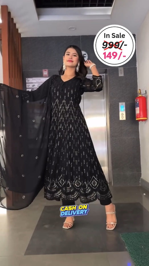 Women Black Colour Embellished Anarkali Kurta Set with Dupatta